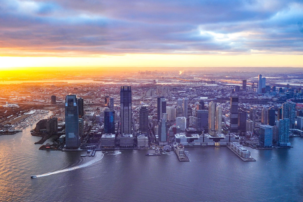 The Jersey City, New Jersey skyline at sunset