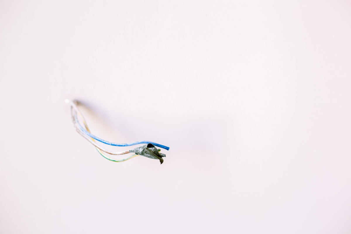 Thermostat wires protruding from a white wall after the thermostat has been removed