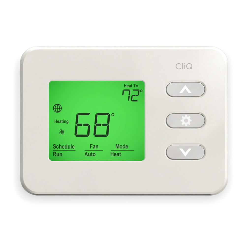 Digital thermostat with green display on a white background