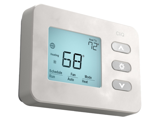 Digital smart thermostat displaying temperature settings on a white background