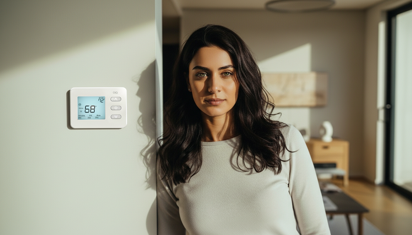 Woman standing in a room with a digital thermostat on the wall displaying 68 degrees.
