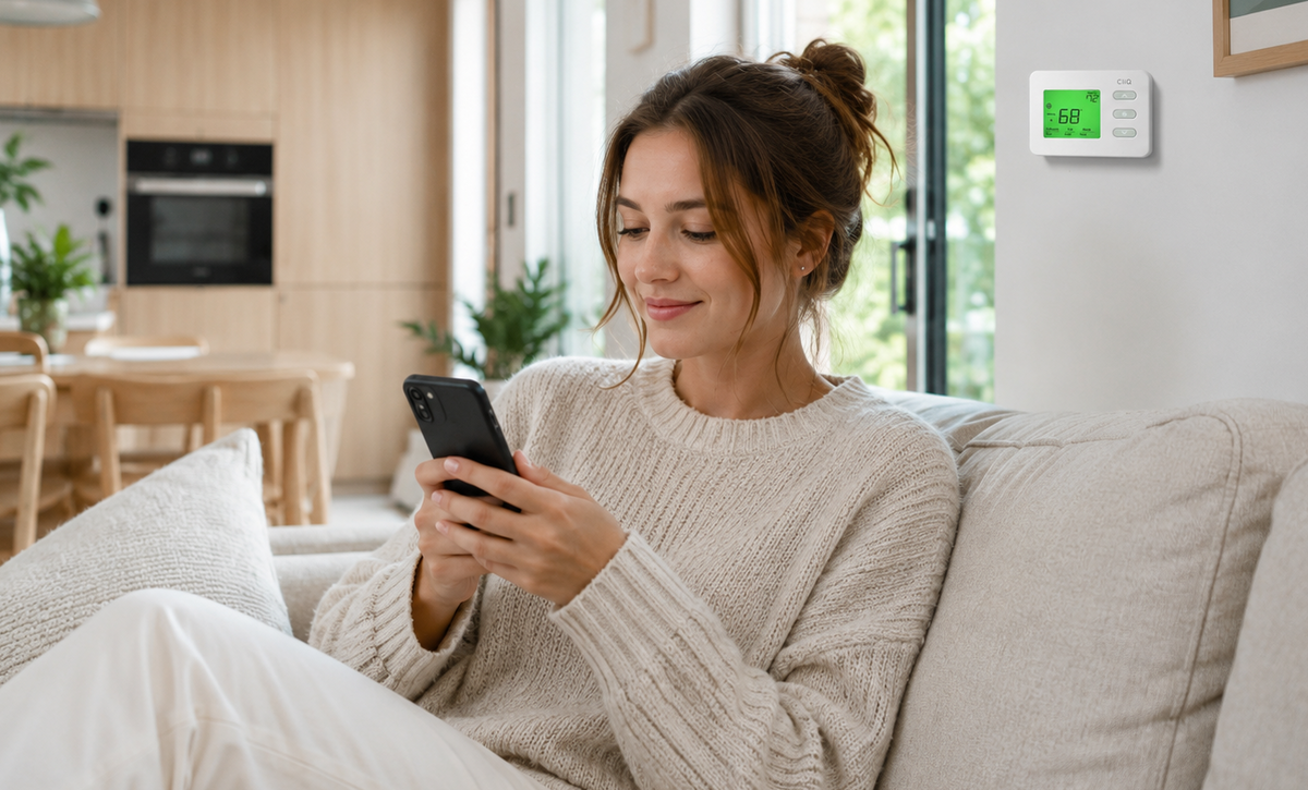 woman controls programmable thermostat from her phone sitting on counch